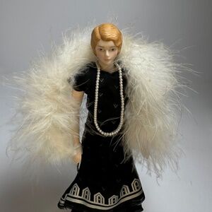 Avon Porcelain Lady Doll • Art Deco Flapper Style • Black Dress & Feather Boa